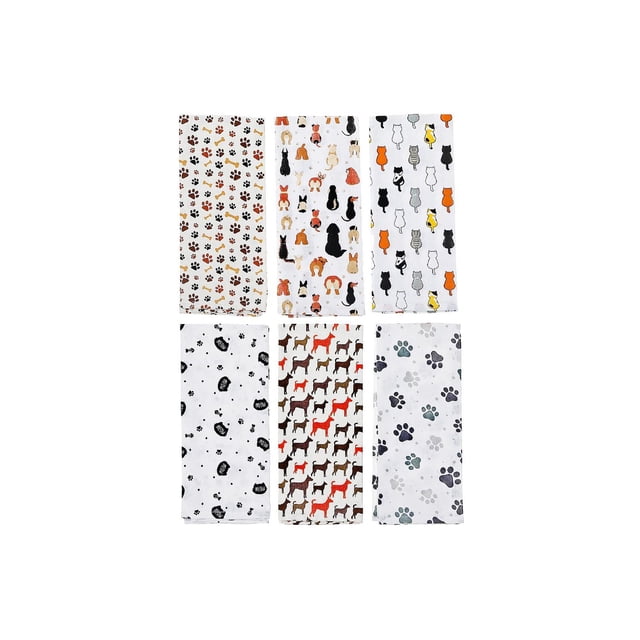 IH Casa Decor Printed Kitchen Towel Pet Lovers Asstd - Set of 6 cotton kitchen towels measuring 18 by 28 inches, featuring assorted pet-themed prints including paw prints, dogs, and cats in multiple colors on white backgrounds, breathable and quick-drying, ideal for kitchen use and light cleaning.