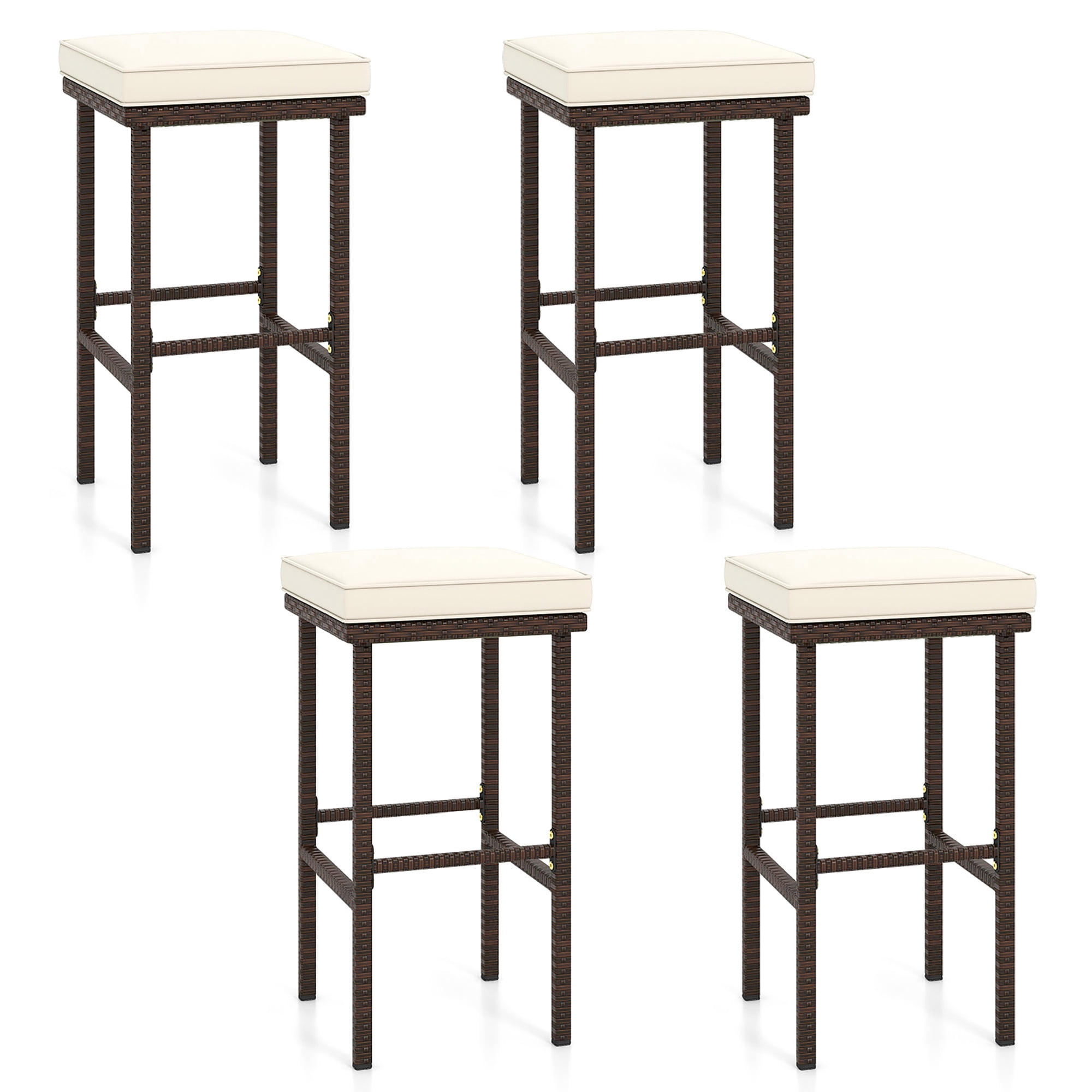 Gymax Wicker Bar Stools Set of 4 w/ Removable Seat Cushions Footrest Support 400 LBS