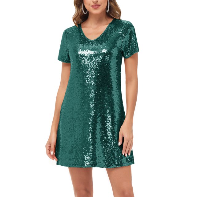 Robe à Paillettes pour Femmes, Manches Courtes, Aguichant, Col en V, Mini, Soirée, Boîte de Nuit, Vert, Grand