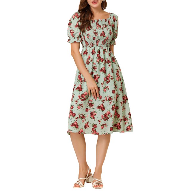 INSPIRE CHIC Robe pour Femme Smockée à Fleurs à Encolure Carrée Manches Courtes Bouffantes Printemps Été Robes Midi Vert TG