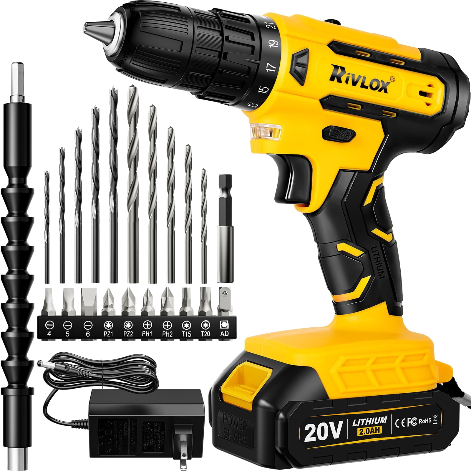 20V Cordless Drill Set, 21+1Torque, Electric Power Drill Cordless, Electric Screwdriver with 1300mAh Battery and 2A Char