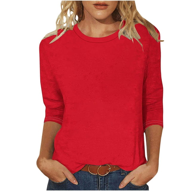 hotojiny Spring Tops for Women Lightweight Solid Color 3/4 Sleeve Crewneck Basics Tees Plus Size Soft Comfy Summer Work Shirt