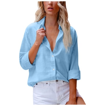 IROINID Aubaines Chemises à Manches Longues à Col en V pour Femmes Chemises en Coton pour Femmes Chemise Confortable de Couleur Unie Blouse Ample à Col en V Tunique de Travail à Manches Longues avec Poche, Bleu Pâle
