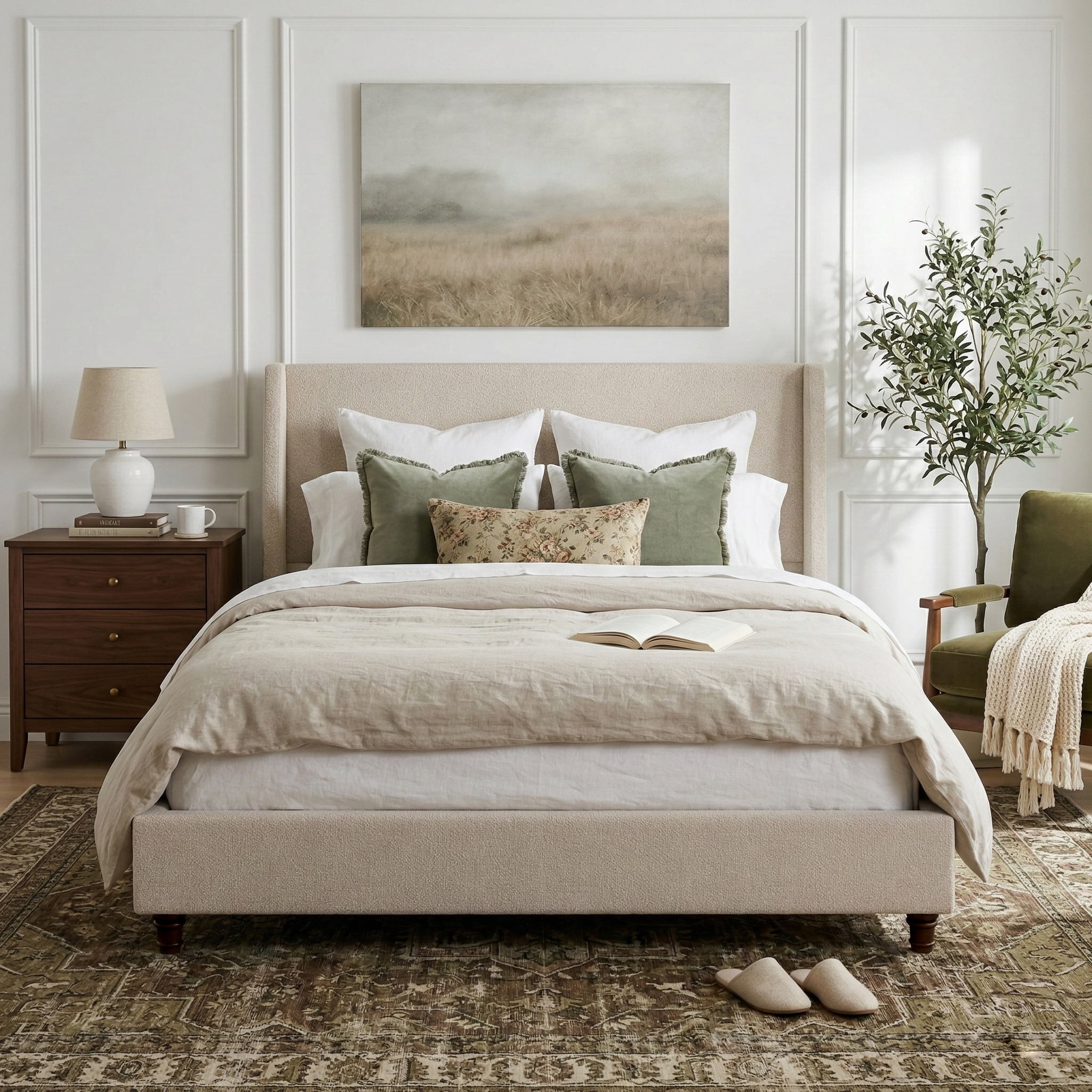 Noble House King Upholstered Wingback Headboard Platform Bed,taupe