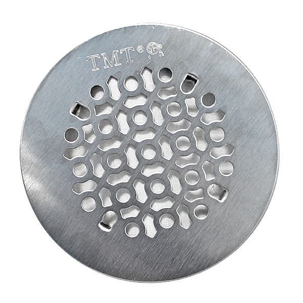 Floor Choice 4.25" Cosmos Circle Shower Drain with a rustproof stainless steel cover featuring a distinct pattern of circular and irregular holes for hair collection and water drainage, designed to fit standard shower drains and suitable as a replacement cover for kitchen sink strainers.