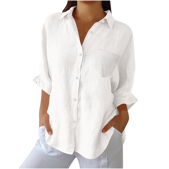 Long Sleeve Linen Shirt - Classic Button-Down Blouse (Black/White/Navy, S-XXL) | Yubnlvae | Women Button down Shirts Cotton Linen Blouse Tops Long Sleeve Collar (White | L)