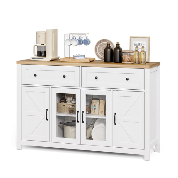 MARNUR Sideboard Buffet Cabinet Farmhouse Style, 55" Storage Cabinet with 2 Drawers 4 Doors, Adjustable Shelves for Kitchen Office Bedroom Hallway Entryway, Oak & White