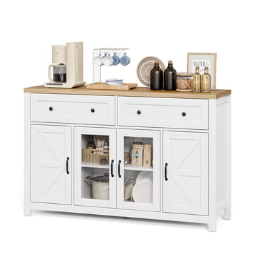 MARNUR Sideboard Buffet Cabinet Farmhouse Style, 55" Storage Cabinet with 2 Drawers 4 Doors, Adjustable Shelves for Kitchen Office Bedroom Hallway Entryway, Oak & White