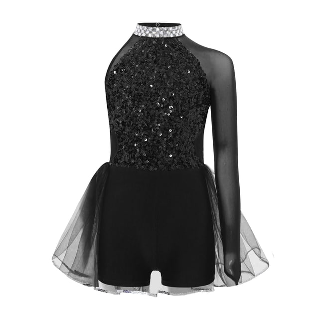 TTAO Robe Justaucorps de Danse Jazz à Sequins pour Filles, Manches Longues, avec Strass, Tutu de Danse Ballet, Noir 12