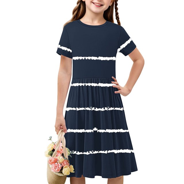 Soldes de Liquidation d'Été Iumwxz Robe Tunique Plissée Robe Ample Ligne A Robes Col Rond Rayé Graphique Robe à Manches Courtes pour Enfants Robes Tendance pour Cadeaux des Fêtes 4-14a