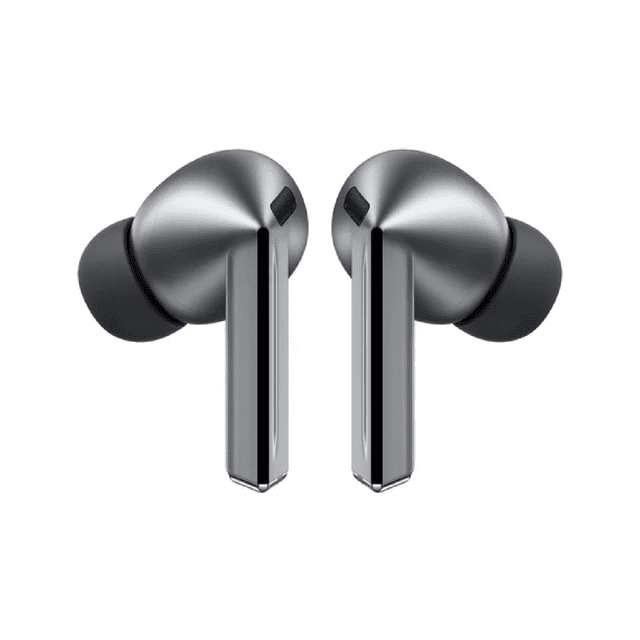 Refurbished Samsung SM-R630NZAAXAC Galaxy Buds3 Pro Wireless Earbuds in grey, featuring a sleek, ergonomic design with in-ear tips for a snug fit. These earbuds are equipped with Galaxy AI for optimized sound based on surroundings and user wear. Shown in a front-facing view against a white background.