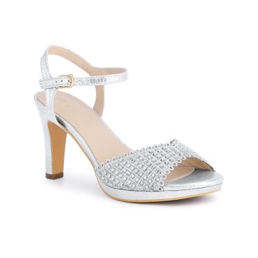 BLISSFUL STEP Sandales à Talons Hauts Blocs à Plateforme à Strass à Bride Arrière pour Femmes Argent 9,5
