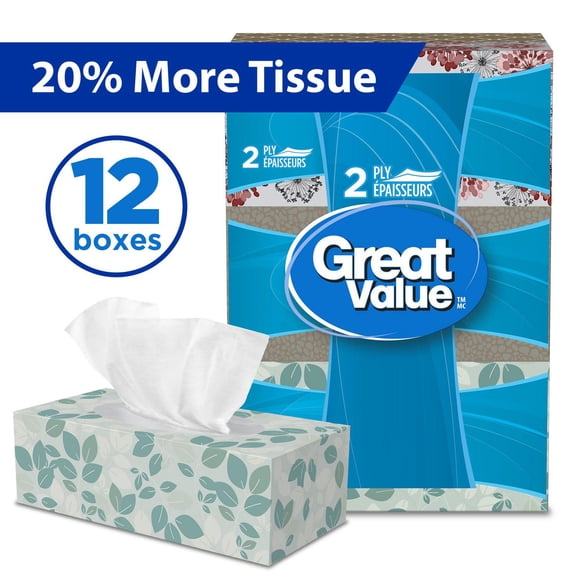 Great Value, Facial Tissues, 12 Flat Boxes, 126 Tissues per Box