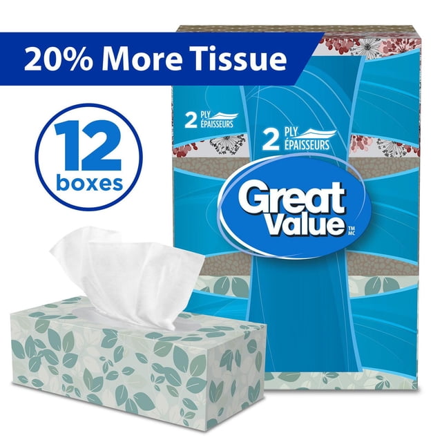 Great Value, Facial Tissues, 12 flat boxes with 126 tissues per box, 2-ply soft and absorbent tissues. The packaging shows a blue floral design and a box with green leaf patterns with one tissue partially pulled out. This pack offers 20% more tissue and is suitable for household use.