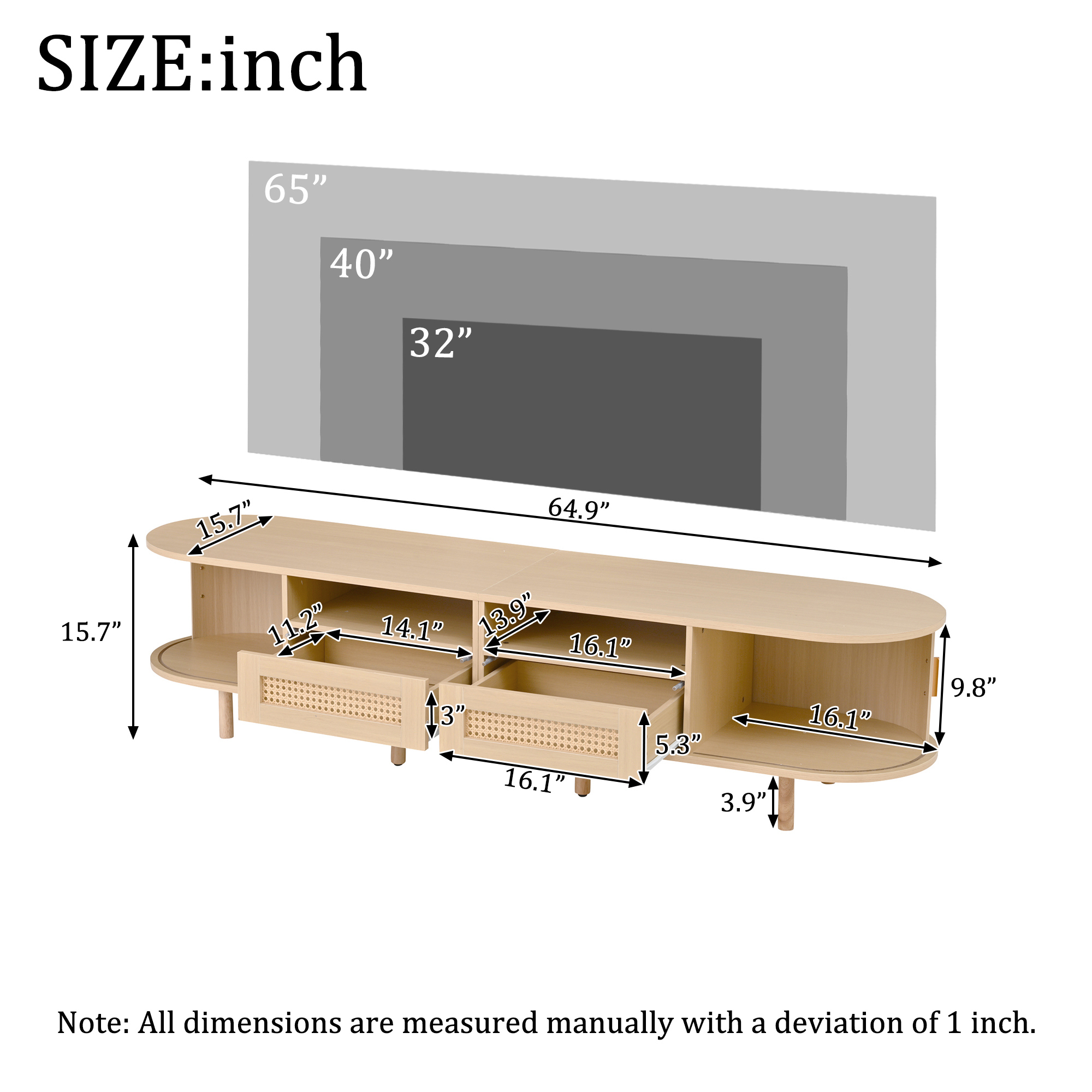 Homy Casa TV Stand for TVs up to 65", 64.9" Modern Media Console with 2 Drawers, 2 Cabinets & Open Shelves, Natural Oak