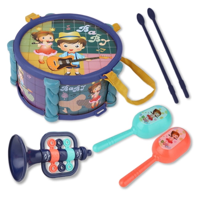 YIMWNYI Musical Toy Set Drum Sand Hammers Instrument, a kids' instrument set featuring a hand pat drum, sand hammers, and a trumpet. Crafted from safe ABS plastic with rounded edges, this vibrant educational toy is designed for early learning and sensory play for ages 6-36 months. Includes colorful designs and easy-to-grasp pieces, ideal for home play, travel, and gifting.