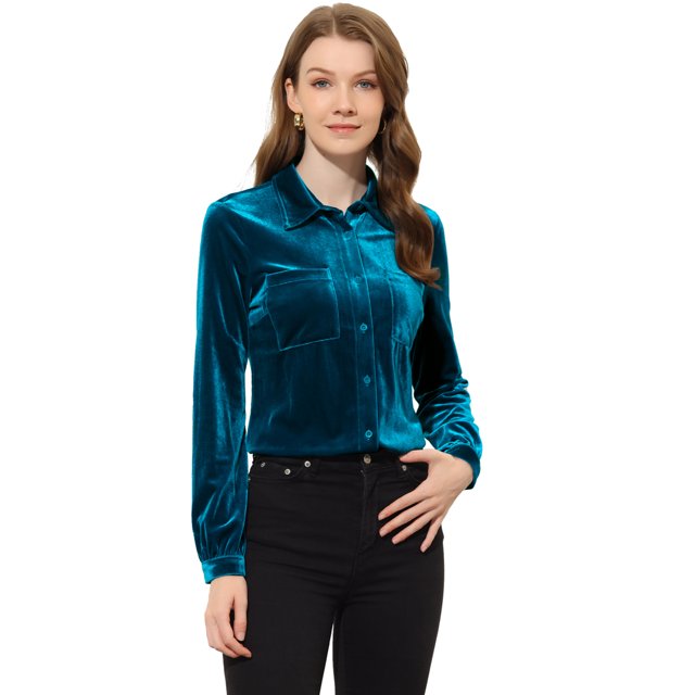 INSPIRE CHIC Chemise en Velours pour Femme à Col Pointu avec Poche Bleu Royal G