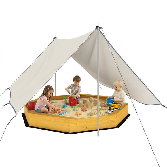 Qaba Wooden Sandbox with Large Canopy, Outdoor Sand Box with Bottom Liner