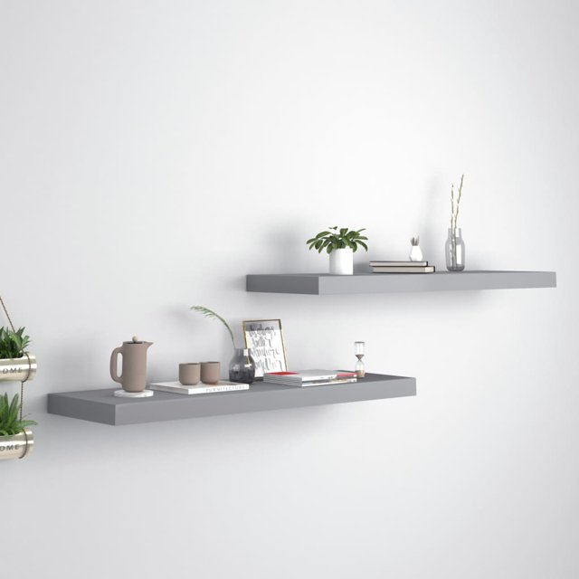 vidaXL Floating Wall Shelves, set of 2 in grey, measuring 80x23.5x3.8 cm, made of honeycomb MDF and metal. These shelves feature an invisible mounting system and are styled with books, plants, and decorative items against a white wall.