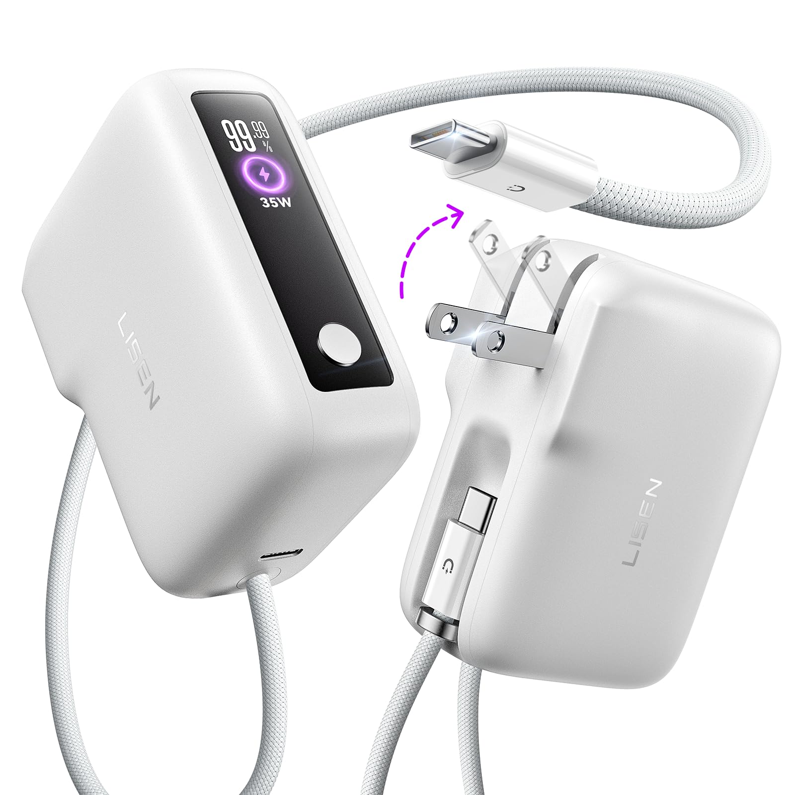 LISEN 3 in 1 Fast Travel Charger, Portable Charger with Wall Plug & Built in Cable, 35W Power Bank Fast Charging,7000mAh Traveling Essentials Mens Va