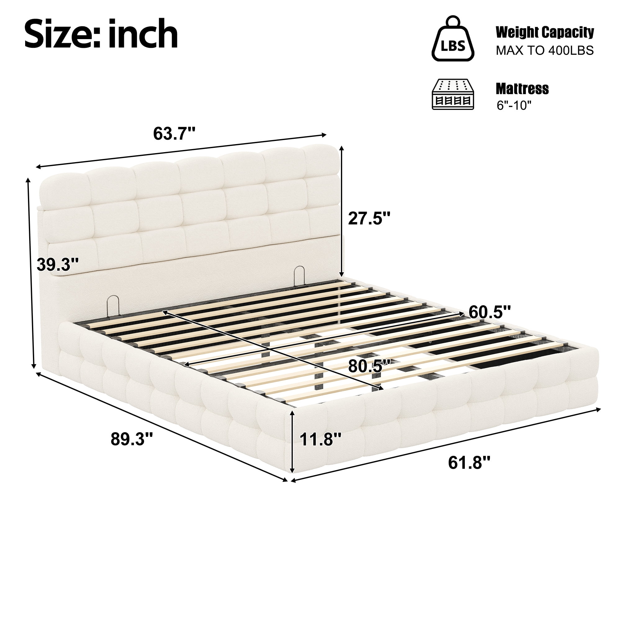 Noble House Cadre de Lit Grand avec Rangement avec Levage et Rangement Hydraulique, Lit Plateforme en Bouclé avec Tête de Lit Capitonnée et Lattes de Bois, Blanc Crème
