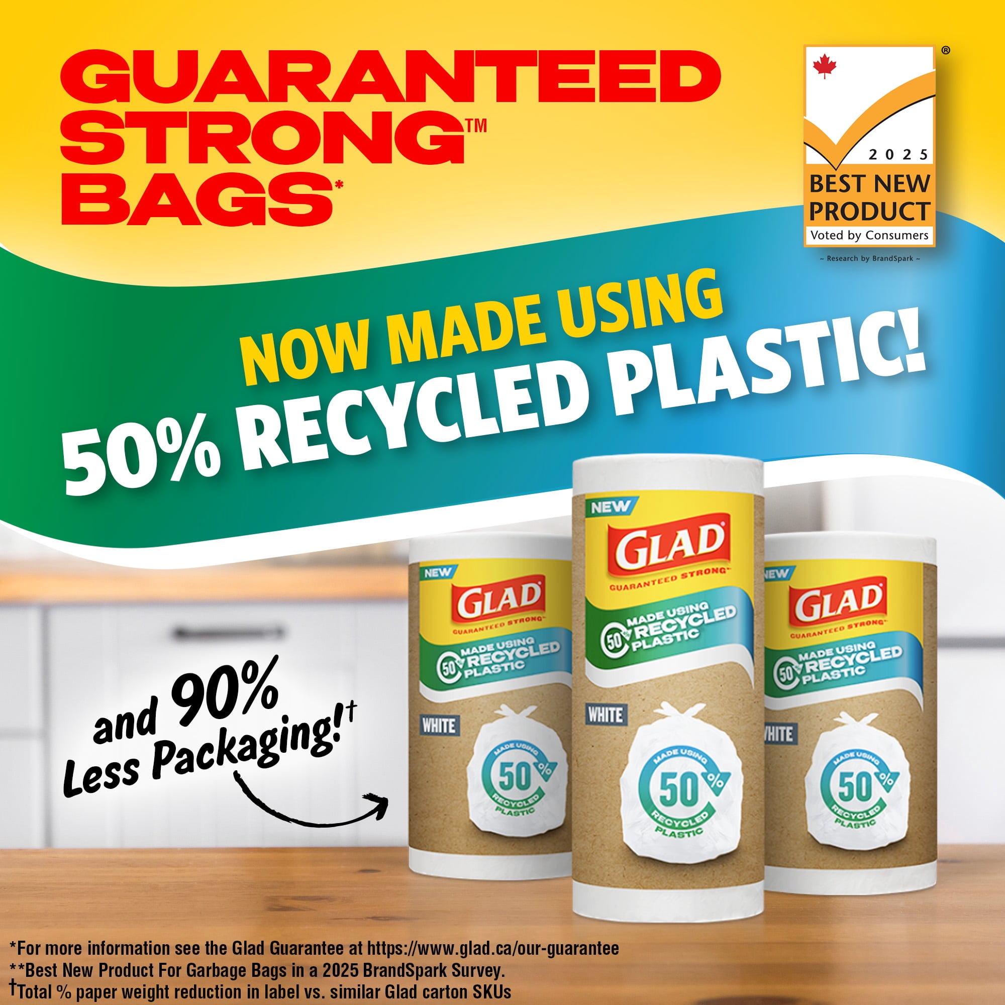 Glad White Garbage Bags - Tall 45 Litres - Made using 50% Recycled Plastic, 28 Trash Bags