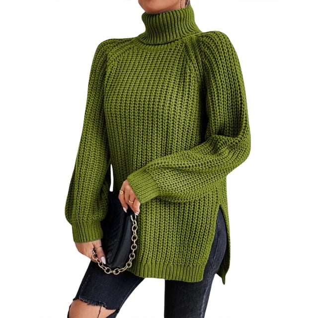 EYIIYE Chandail d'Automne et d'Hiver pour Femme à Manches Longues, Col Roulé, Tricot, Chandail, Couleur Unie, Ourlet Fendu, Long Tricot, Chandail, Ample, Décontracté, Confortable, Hauts