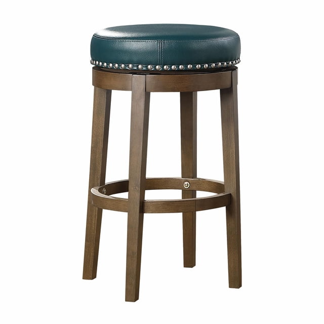 Topline Home Furnishings Tabouret Rond Pivotant Hauteur Pub avec Siège Rond en Similicuir Vert Bordé de Clous Argentés, Supporté par un Cadre en Bois Brun avec Quatre Pieds et un Repose-Pieds Circulaire, Doté d'Un Siège Pivotant à 360 Degrés Adapté aux Comptoirs de Salle à Manger Ou de Cuisine Hauteur Pub.
