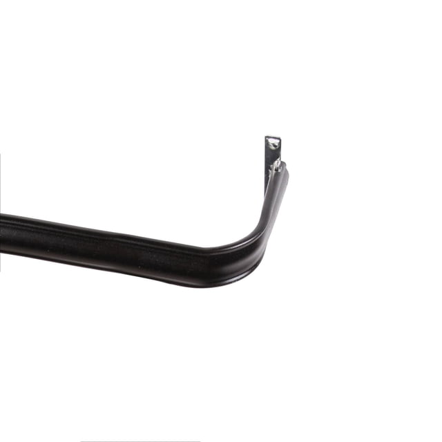 Eclipse Fast Fit Easy Install Complete Blackout Superior Hold Premium Curtain Rod in black, close-up of the curved metal rod end with mounting bracket for wall installation, part of adjustable window coverings hardware for easy curtain hanging.