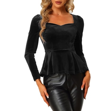 INSPIRE CHIC Blouse pour Femme Élégante en Velours à Encolure Cœur à Manches Longues Haut Péplum TG Noir