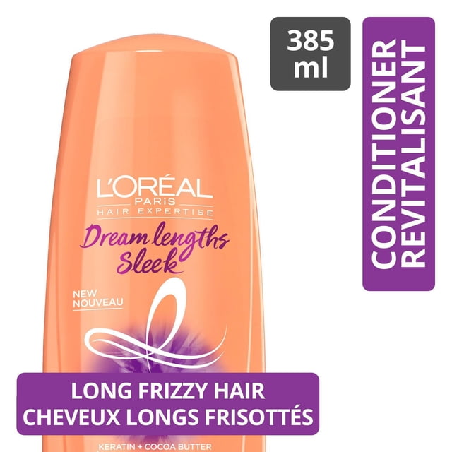 L’Oreal Paris Hair Expertise Dream Lengths Sleek Conditioner. Front-facing bottle view; stretching conditioner with vegetal keratin and cocoa butter that smoothes hair surface to help lay flat, helps reduce frizz and nourish long hair. Often used to prep hair before heat styling.