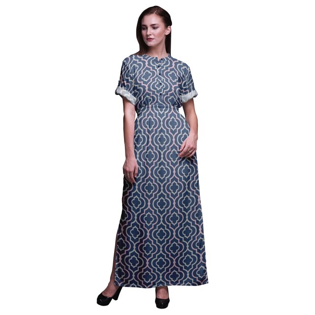 Bimba Robe Longue Maxi en Rayonne à Imprimé Géométrique Quart de Feuille pour Femmes avec Fente Latérale - Xxx-Grand