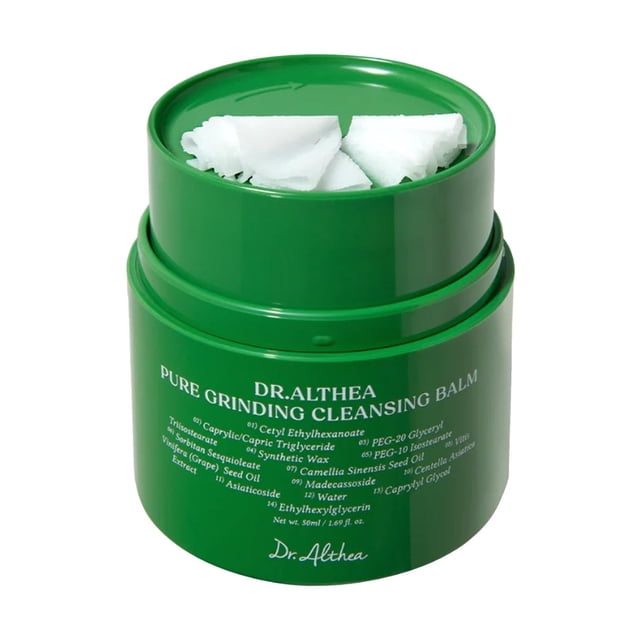 DR. ALTHEA Pure Grinding Cleansing Balm 50ml in a green container featuring a grinding mechanism for precise dispensing. Formulated for sensitive skin, it includes Centella Asiatica and nourishing oils like Camellia Sinensis Seed Oil and Grape Seed Oil. Vegan and fragrance-free, it removes makeup and impurities while moisturizing and soothing the skin.