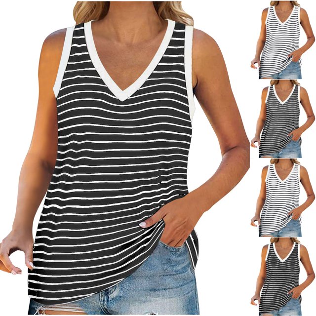 Yuyuzo Plus Size Tank Tops for Women V Neck Sleeveless Shirts Striped Loose Fitted Summer Top