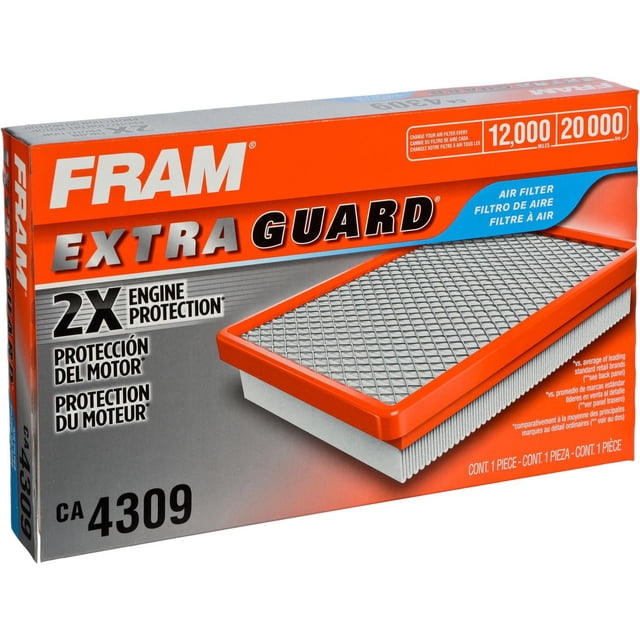 FRAM CA4309 Extra Guard Air Filter with orange frame and grey mesh filter media shown on packaging, providing 2X engine protection and effective filtration for up to 12,000 miles (20,000 km) to help extend engine life and improve vehicle performance.