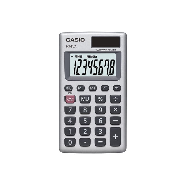 Casio HS-8VA Basic Pocket Calculator with a silver metal face plate and oversized 8-digit high contrast LCD display showing 1234567.8, featuring black plastic buttons for basic arithmetic, memory, percent, and a red C/AC key, powered by solar and battery, suitable for office and school use.