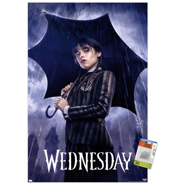 Wednesday - Affiche Murale sur une Feuille, 22,375 Po x 34 Po, Représentant une Figurine dans un blazer à Rayures Sombres Tenant un Parapluie Noir en Forme d'Aile de Chauve-Souris sous une Forte Pluie avec un Fond de Ciel Orageux et le Mot « Wednesday » en Police Gothique Blanche au Bas, Idéal pour la Décoration Murale de Chambre Ou de Bureau.