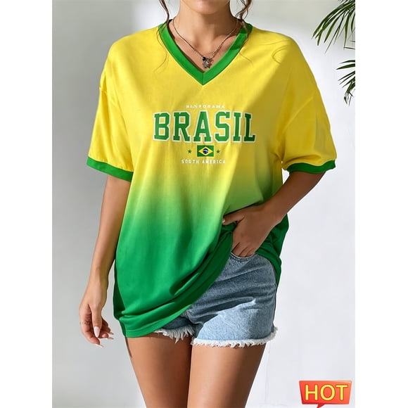 Summer Women's V-neck T-shirt Brazilian football T-shirt Yellow green gradient women's jersey Quick drying new Brazilian T-shirt