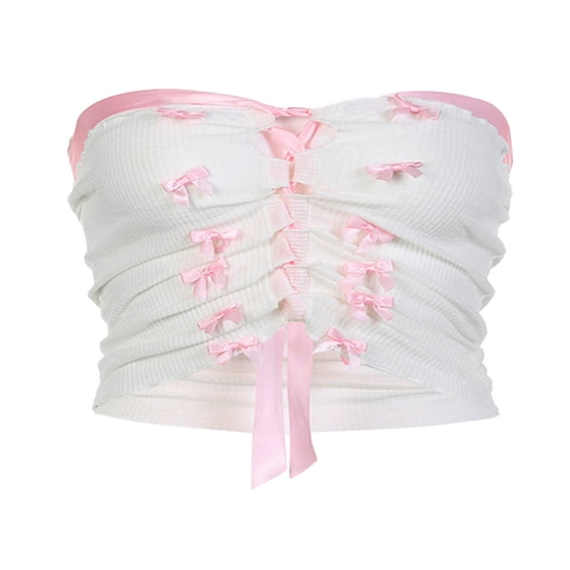 Bandeau Bandeau d'Été Blanc Sans Manches à Épaules Dénudées avec Nœud pour Femmes
