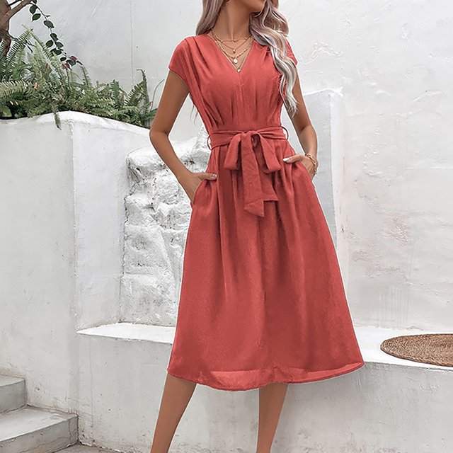 Prix Réduit, Robe à la Mode pour Femme à Manches Courtes et Coupe Ample à Col Rond, Robe à Manches Courtes, Robe Ample à Col Rond, Robe à la Mode Facile à Agencer/100 % Polyester, Orange, Sopatenor