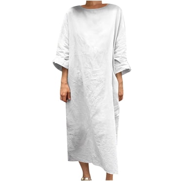 TopLLC Summer Dress for Women Cotton And Linen Dress Crew Neck Short Sleeve Solid Basic T-Shirts Casual Maxi Dresses with Pocket Plus Size Dress