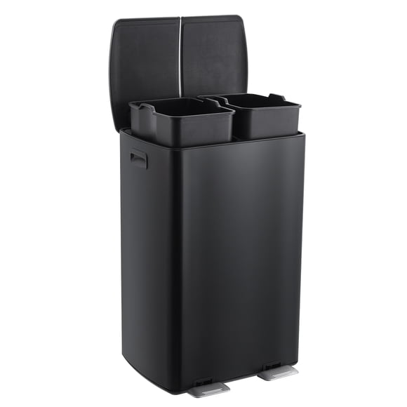 Poubelle de Cuisine à Double Compartiment 16 Gallons (60 L) – Acier Inoxydable – Couvercles à Fermeture en Douceur, Pédales, Seaux en Plastique Amovibles – Combo Bac de Recyclage et Poubelle – Bac Intérieur – Noir