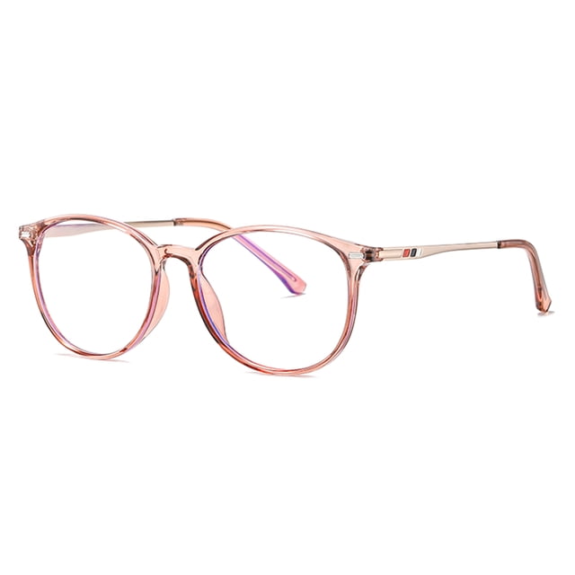 Fashion Anti-blue Light Glasses with a literary style, featuring a transparent pink metal frame and PC lenses. Designed for men and women, these glasses offer anti-blue light protection, flexible hinges, and comfortable one-piece anti-slip nose pads. Frame dimensions include a width of 54mm, height of 47mm, and temple length of 145mm. Lightweight at 22.4g, suitable for extended wear.