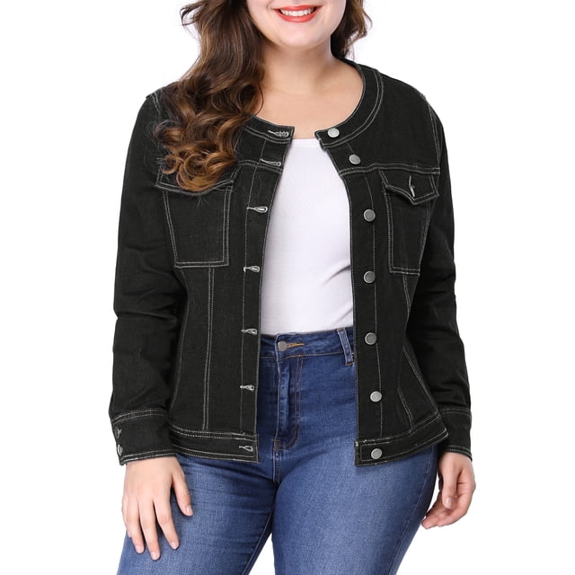GRACE & GRANDEUR Veste en Jean pour Femme Grande Taille à Manches Longues Sans Col Veste en Denim