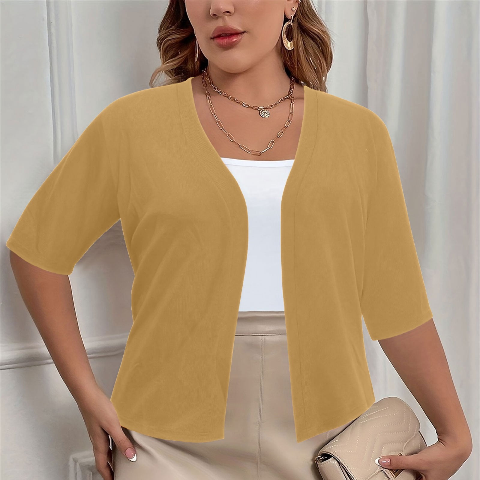 CFLVAEK Fall Cardigan Sweaters for Plus Size Women Casual Short Sleeve Open Front Shrugs Soft Solid Color Cropped Boleros Lightweight Cardigans Cover Ups Khaki XXL