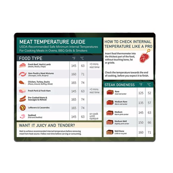 Aimant de Tableau de Température de Viande - Guide de Cuisson de Poulet, Dinde, Steak de Bœuf Aimant de Tableau de Viande - Températures Internes de Viande Rôtir & Griller Accessoires Feuille de Triche Alimentaire Régime Carnivore