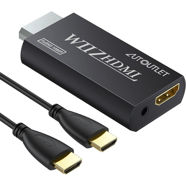 XINQIHANG Wii to HDMI Converter WII2HDMI, a compact black adapter with 'Full HD 1080P' and 'AUTOUTLET' branding, designed to convert Wii signals to HDMI. Features include support for 720P and 1080P HD output, a 3.5mm audio port, and compatibility with NTSC 480i/480p and PAL 576i display modes. Includes a 1-meter HDMI cable for easy plug-and-play connection to HDTVs.