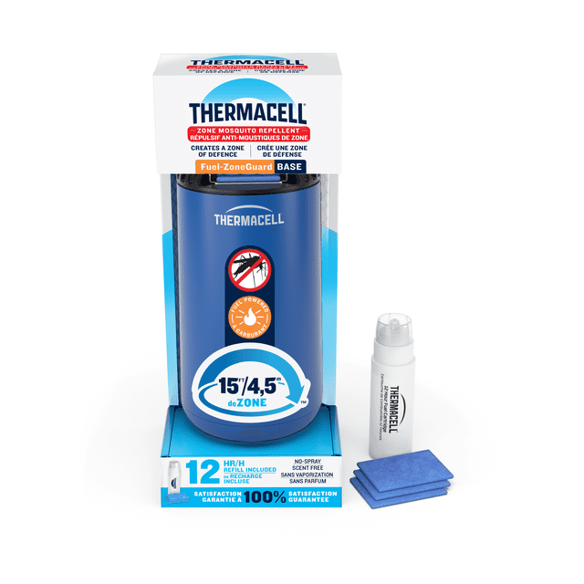 Thermacell Mosquito Repellent, Patio Shield - royal blue fuel-zone guard base providing a 15-foot (4.5 m) zone of mosquito protection, includes one 12-hour fuel cartridge and three blue repellent mats, no spray or scent, suitable for outdoor patios and gardens.