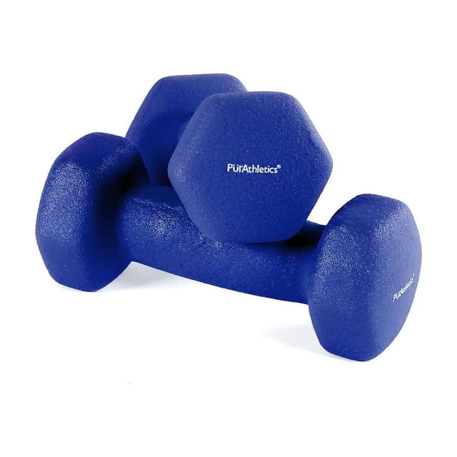 PurAthletics Ensemble de 2 Haltères Hexagonaux 2x2 Lb Revêtus de Néoprène en Bleu avec surface Antidérapante, Vus à l'Avant 3/4 sur Fond Blanc, Conçus pour l'Entraînement de Force et de Poids à la Maison Ou au gym, Convenant à Tonifier les Bras et à Améliorer la Force du Haut du Corps.