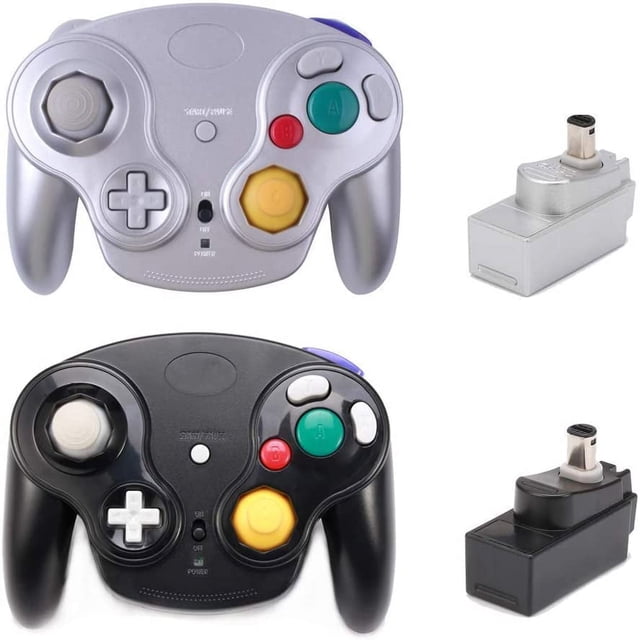 BAMAIA Classic 2.4G Wireless Controller Gamepad with Receiver Adapter in black and silver. The set includes two controllers, one in black and one in silver, each featuring a joystick, directional pad, and coloured buttons. Also included are two receiver adapters compatible with Wii Gamecube NGC GC consoles. Designed for a 10m/33ft wireless range, it supports digital and analog modes, making it ideal for games like Mario Party, SSBM, and arcade-style games.